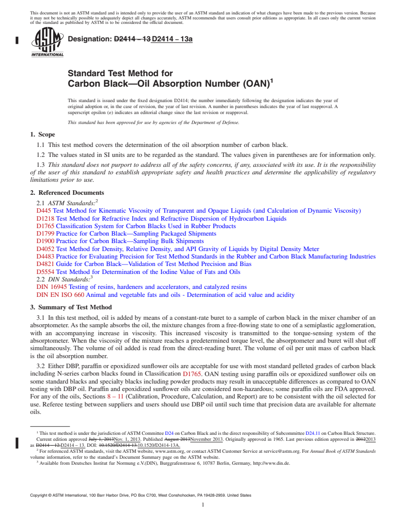 REDLINE ASTM D2414-13a - Standard Test Method for  Carbon Black&mdash;Oil Absorption Number (OAN)