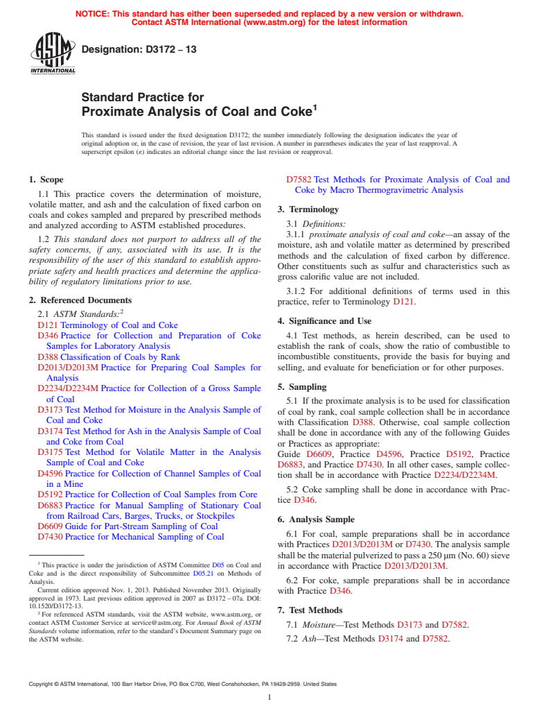 ASTM D3172-13 - Standard Practice for  Proximate Analysis of Coal and Coke