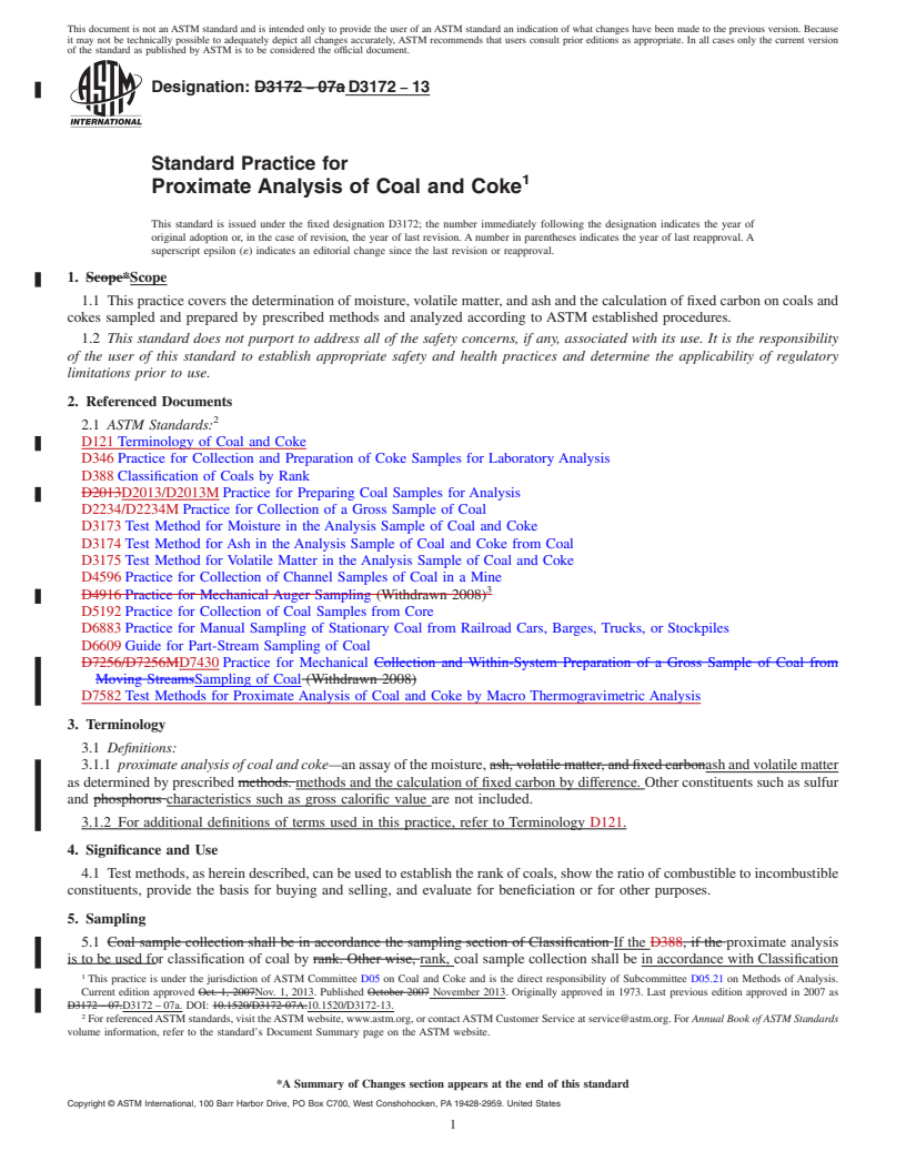 REDLINE ASTM D3172-13 - Standard Practice for  Proximate Analysis of Coal and Coke