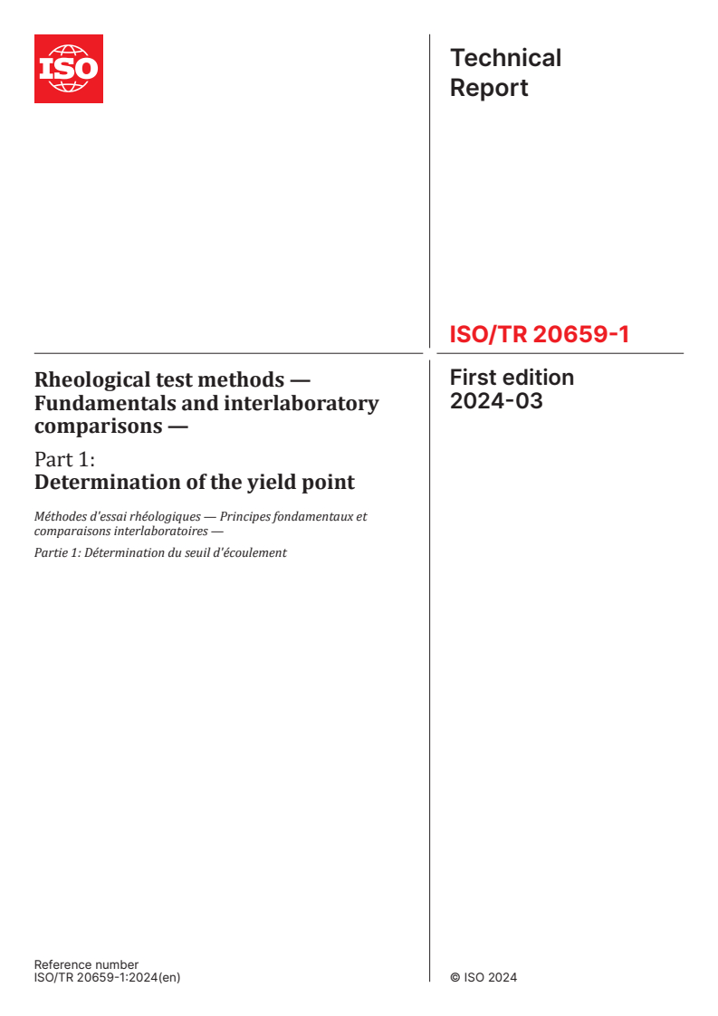 ISO/TR 20659-1:2024 - Rheological test methods — Fundamentals and interlaboratory comparisons — Part 1: Determination of the yield point
Released:7. 03. 2024