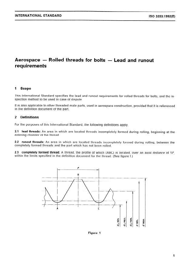 ISO 3353:1992 - Aerospace -- Rolled threads for bolts -- Lead and runout requirements