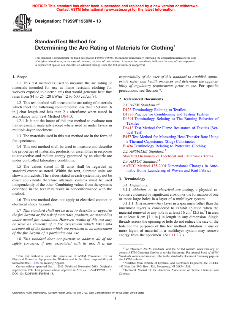 ASTM F1959/F1959M-13 - Standard Test Method for  Determining the Arc Rating of Materials for Clothing