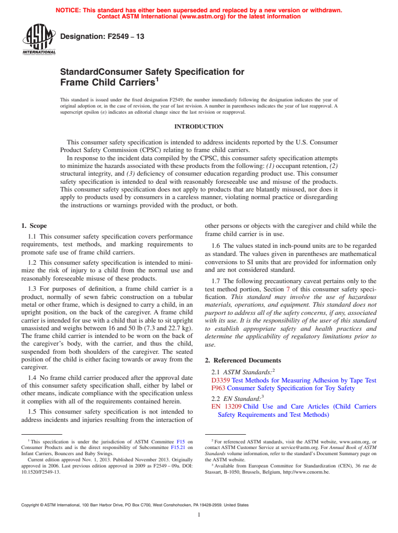 ASTM F2549-13 - Standard Consumer Safety Specification for  Frame Child Carriers