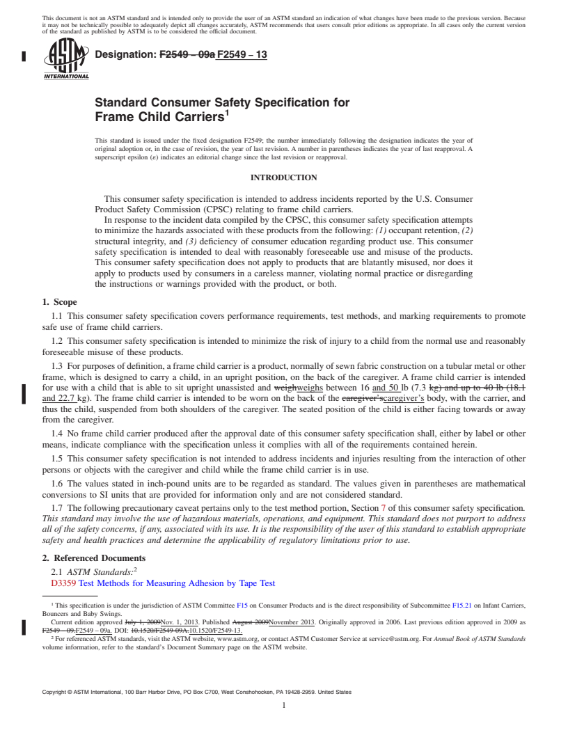 REDLINE ASTM F2549-13 - Standard Consumer Safety Specification for  Frame Child Carriers