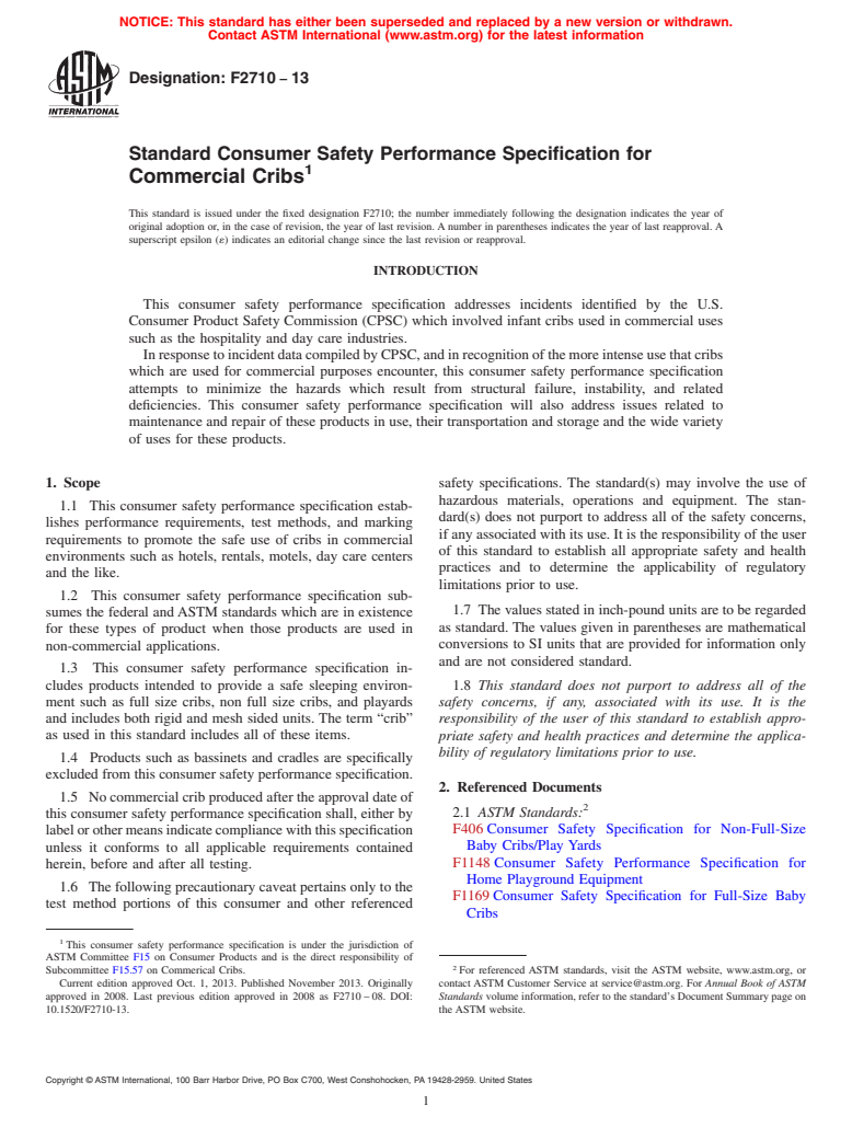 ASTM F2710-13 - Standard Consumer Safety Performance Specification for  Commercial Cribs