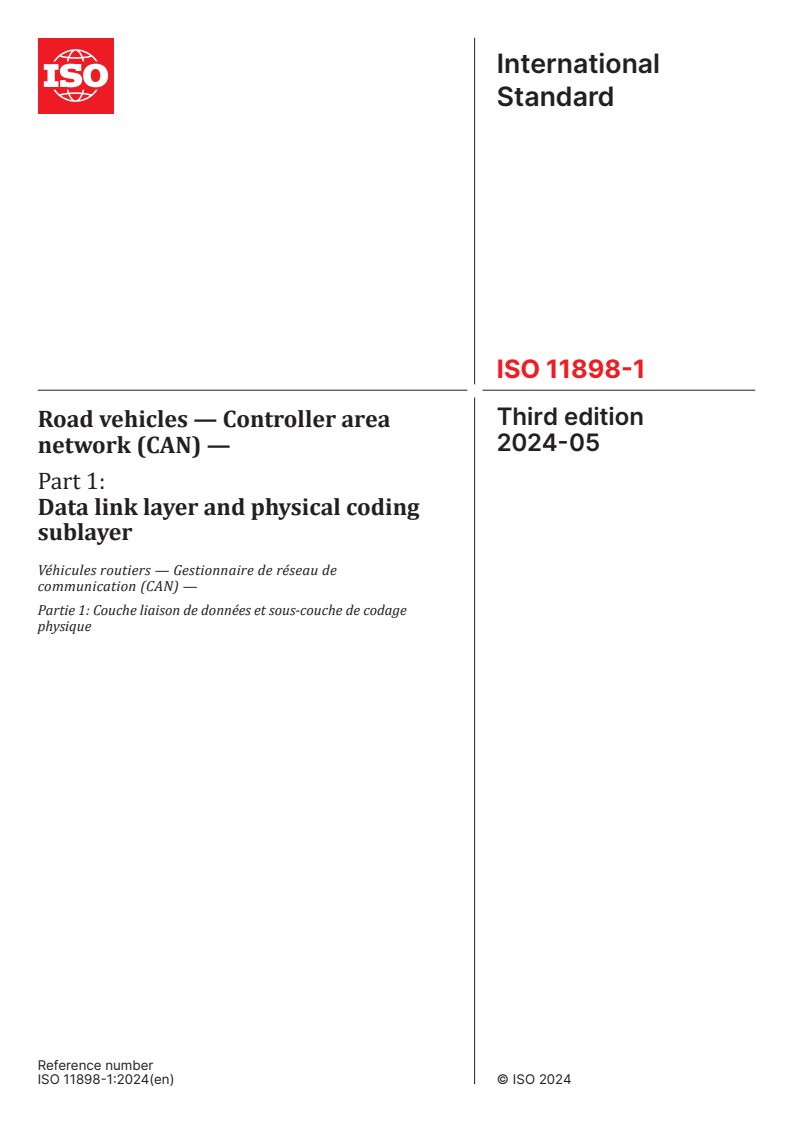 ISO 11898-1:2024 - Road vehicles — Controller area network (CAN) — Part 1: Data link layer and physical coding sublayer
Released:24. 05. 2024