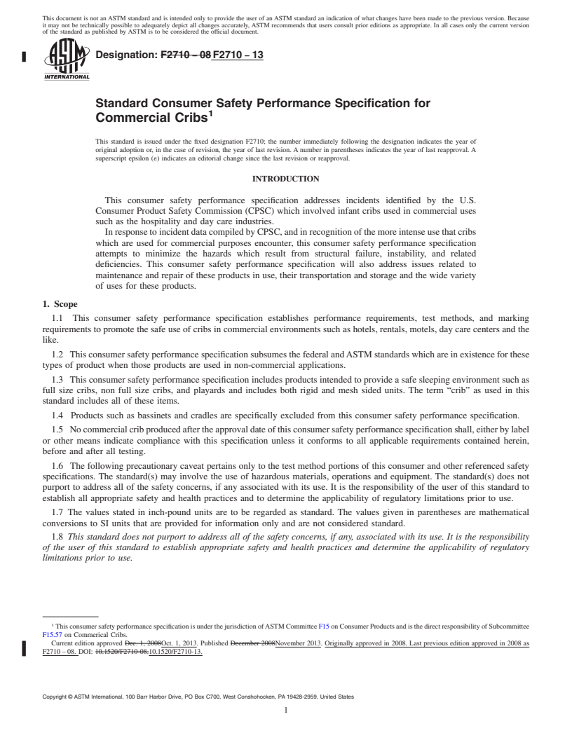 REDLINE ASTM F2710-13 - Standard Consumer Safety Performance Specification for  Commercial Cribs