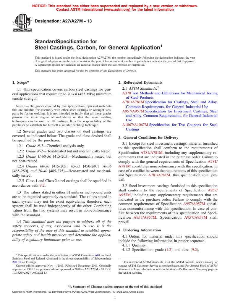 ASTM A27/A27M-13 - Standard Specification for Steel Castings, Carbon, for General Application