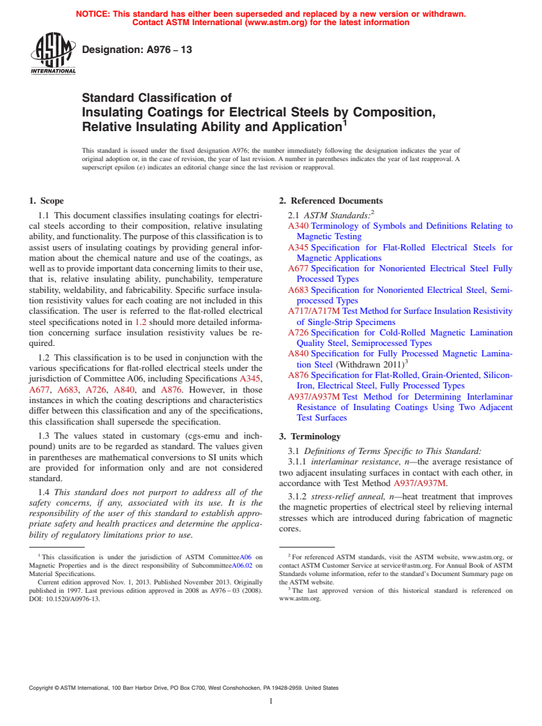 ASTM A976-13 - Standard Classification of  Insulating Coatings for Electrical Steels by Composition, Relative  Insulating Ability and Application