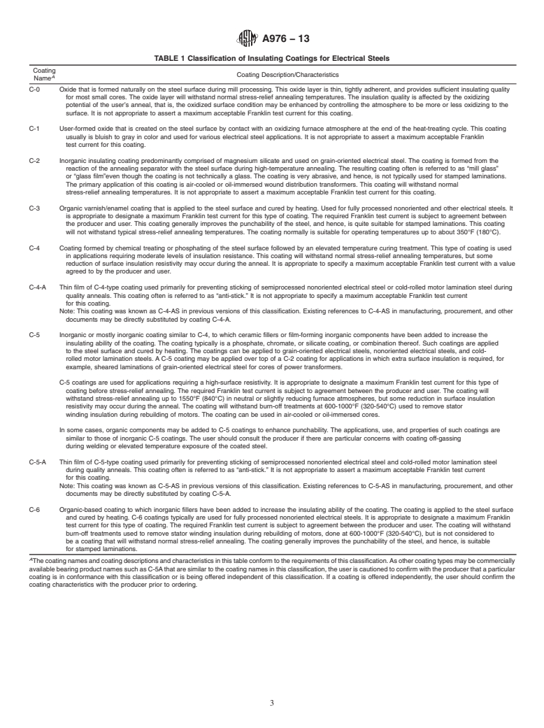 ASTM A976-13 - Standard Classification of  Insulating Coatings for Electrical Steels by Composition, Relative  Insulating Ability and Application