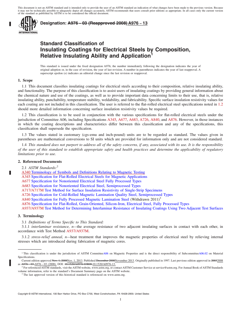 REDLINE ASTM A976-13 - Standard Classification of  Insulating Coatings for Electrical Steels by Composition, Relative  Insulating Ability and Application