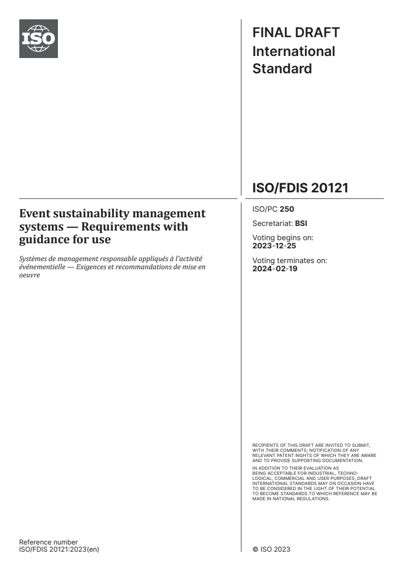 ISO/FDIS 20121 - Event sustainability management systems — Requirements with guidance for use
Released:11. 12. 2023