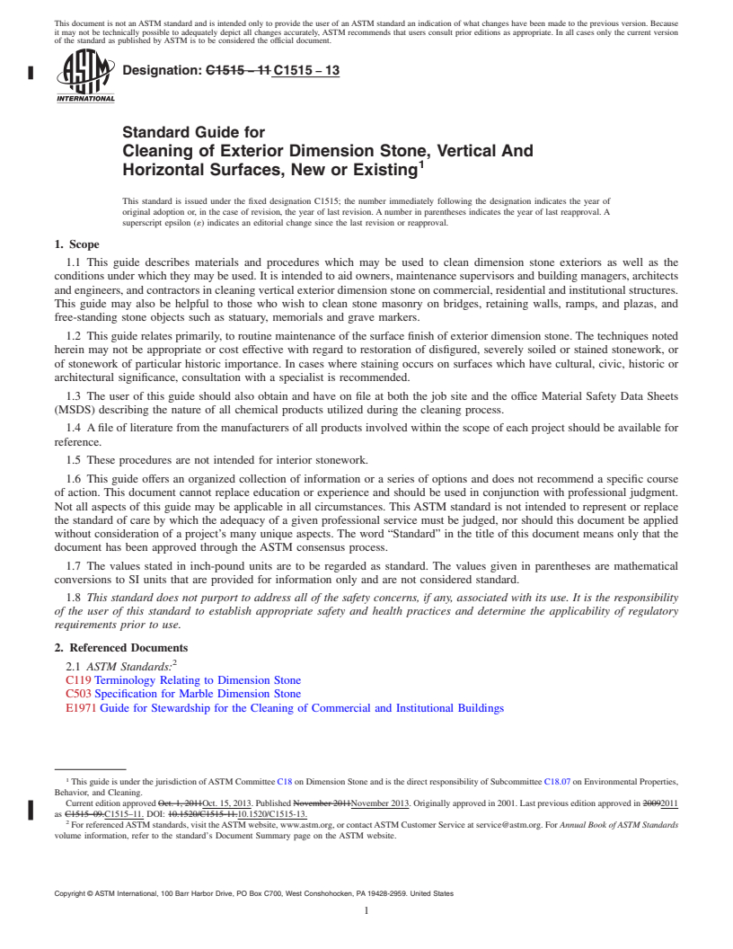 REDLINE ASTM C1515-13 - Standard Guide for Cleaning of Exterior Dimension Stone, Vertical And Horizontal  Surfaces, New or Existing