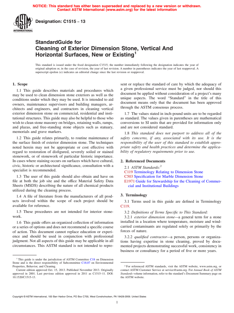 ASTM C1515-13 - Standard Guide for Cleaning of Exterior Dimension Stone, Vertical And Horizontal  Surfaces, New or Existing