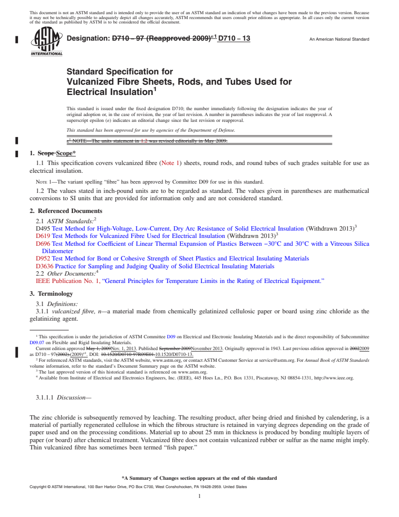 REDLINE ASTM D710-13 - Standard Specification for Vulcanized Fibre Sheets, Rods, and Tubes Used for Electrical  Insulation