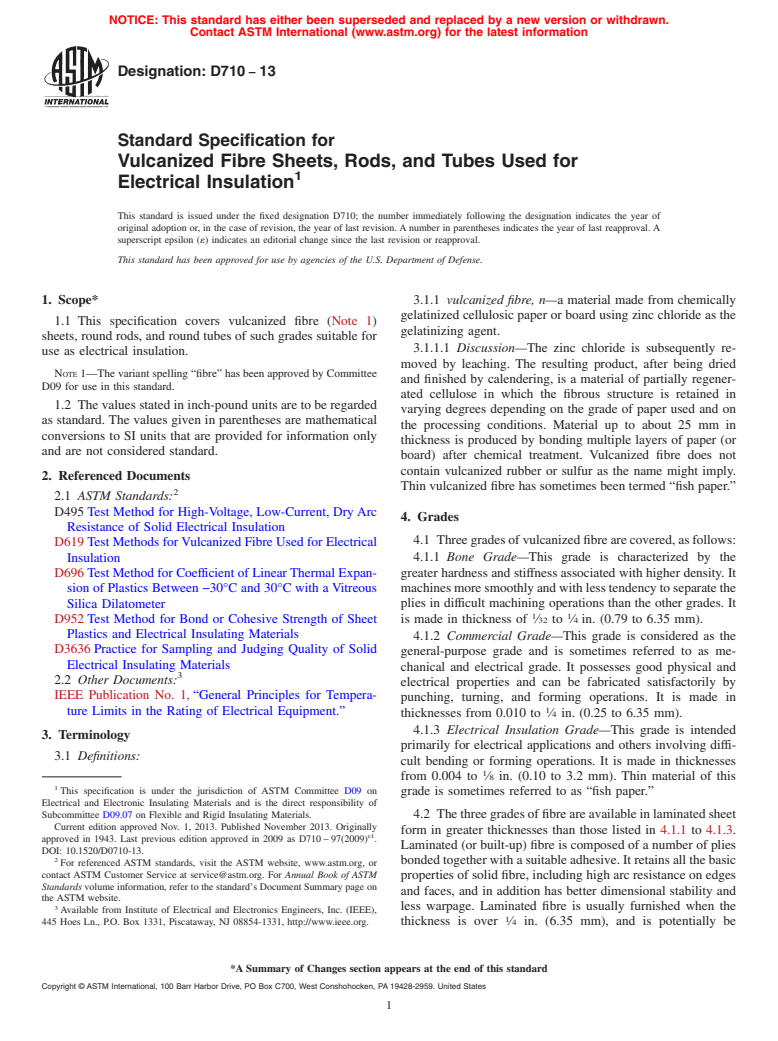 ASTM D710-13 - Standard Specification for Vulcanized Fibre Sheets, Rods, and Tubes Used for Electrical  Insulation