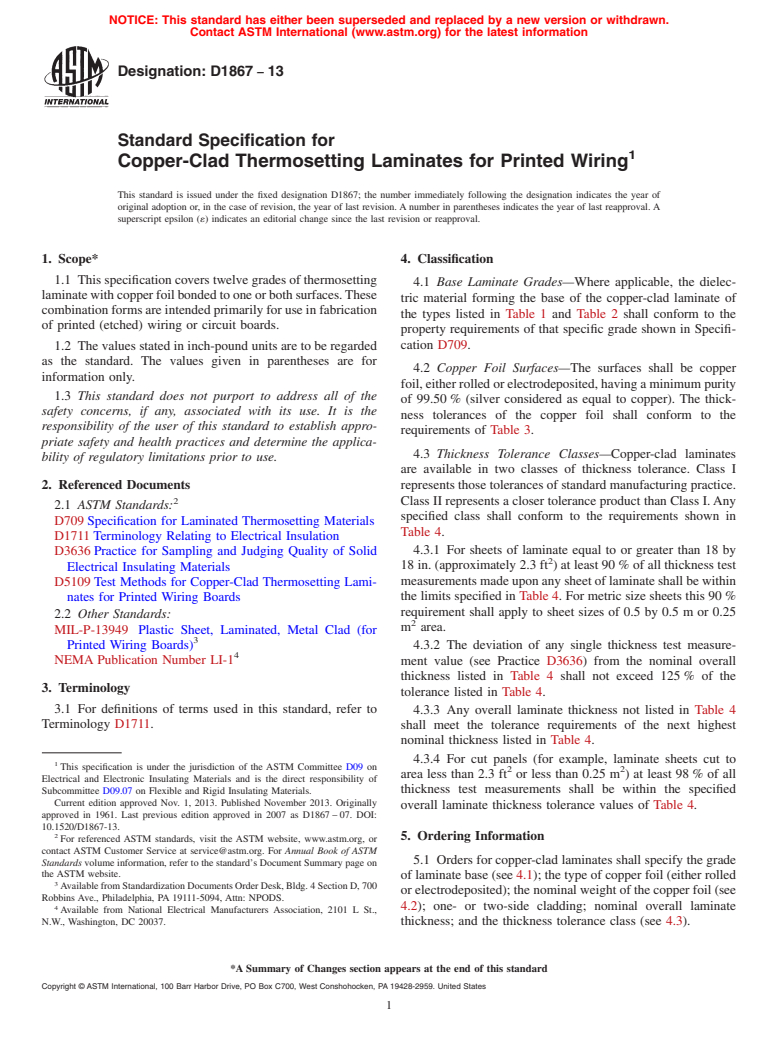 ASTM D1867-13 - Standard Specification for Copper-Clad Thermosetting Laminates for Printed Wiring (Withdrawn 2020)