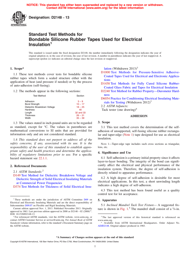 ASTM D2148-13 - Standard Test Methods for Bondable Silicone Rubber Tapes Used for Electrical Insulation