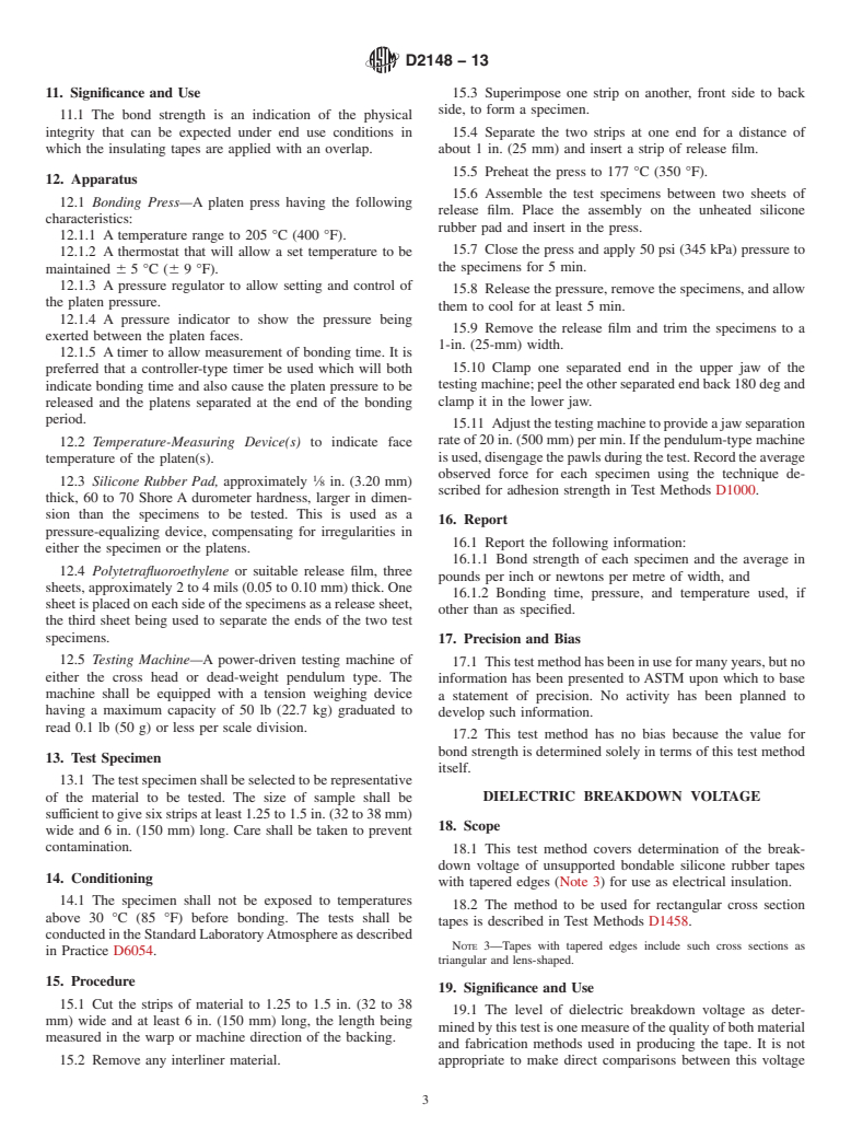 ASTM D2148-13 - Standard Test Methods for Bondable Silicone Rubber Tapes Used for Electrical Insulation