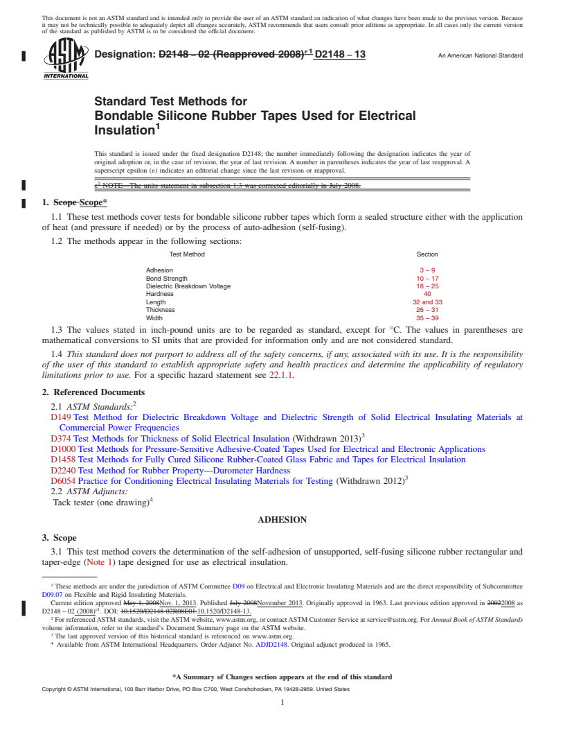REDLINE ASTM D2148-13 - Standard Test Methods for Bondable Silicone Rubber Tapes Used for Electrical Insulation