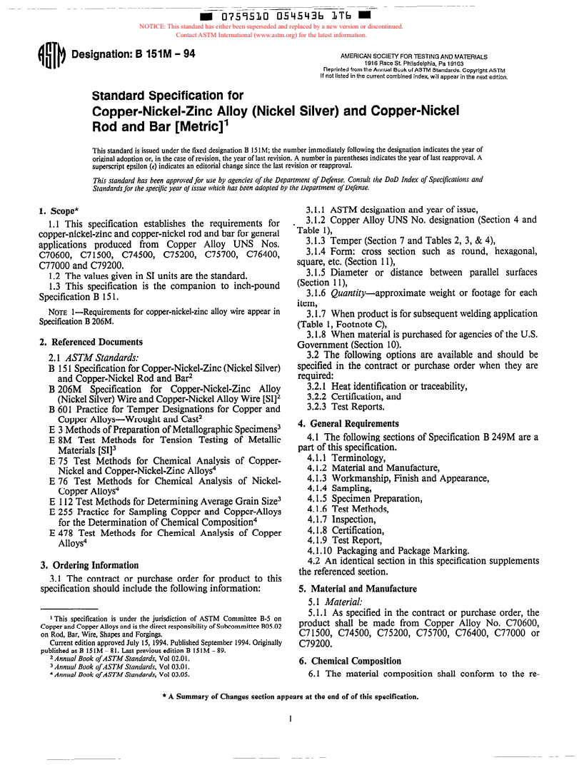 ASTM B151M-94 - Standard Specification for Copper-Nickel-Zinc Alloy (Nickel Silver) and Copper-Nickel Rod and Bar [Metric] (Withdrawn 2001)