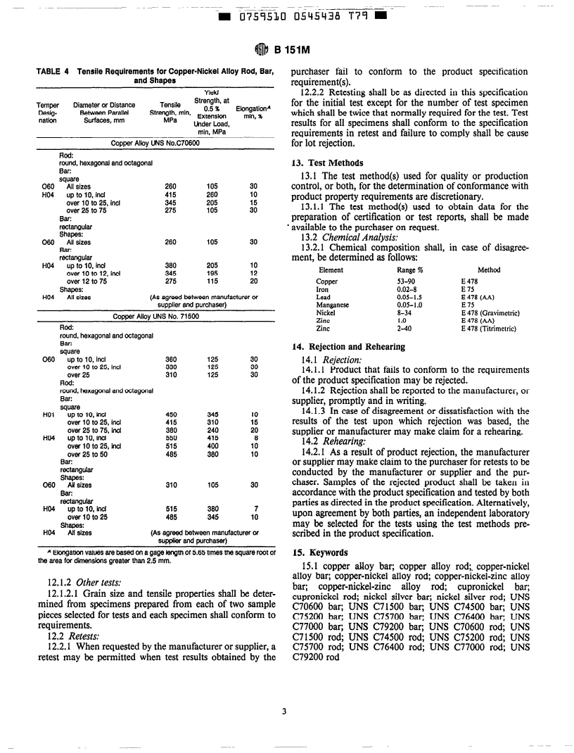 ASTM B151M-94 - Standard Specification for Copper-Nickel-Zinc Alloy (Nickel Silver) and Copper-Nickel Rod and Bar [Metric] (Withdrawn 2001)