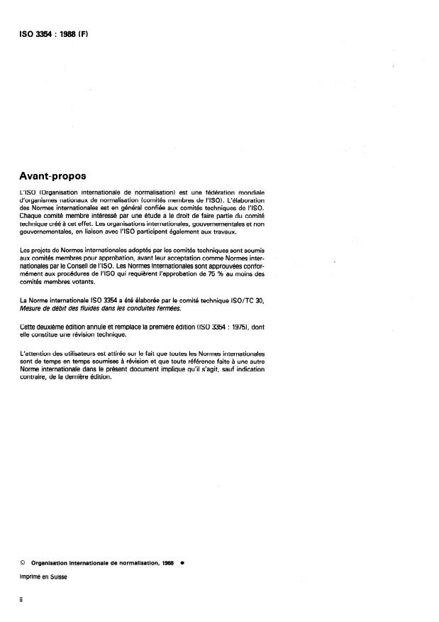 ISO 3354:1988 ISO 3354:1988 - Mesure de débit d'eau propre dans les conduites fermées -- Méthode d'exploration du champ des vitesses dans les conduites en charge et dans le cas d'un écoulement régulier, au moyen de moulinets - Page 2 preview