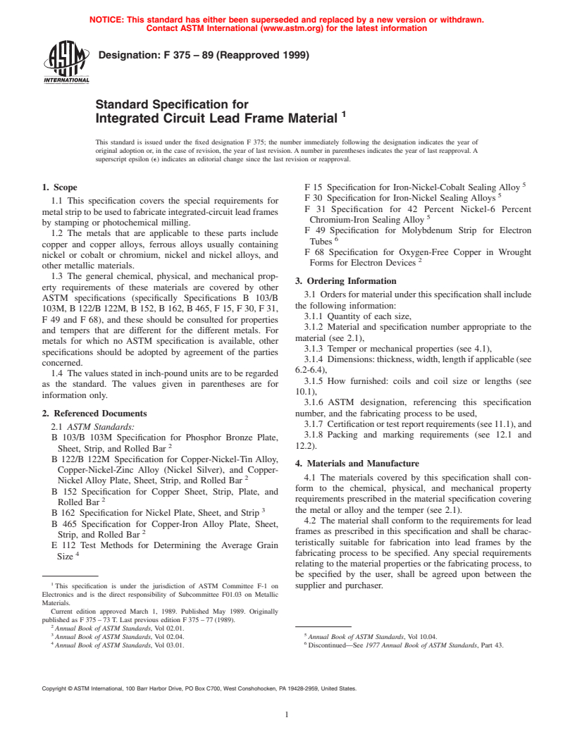 ASTM F375-89(1999) - Standard Specification for Integrated Circuit Lead Frame Material