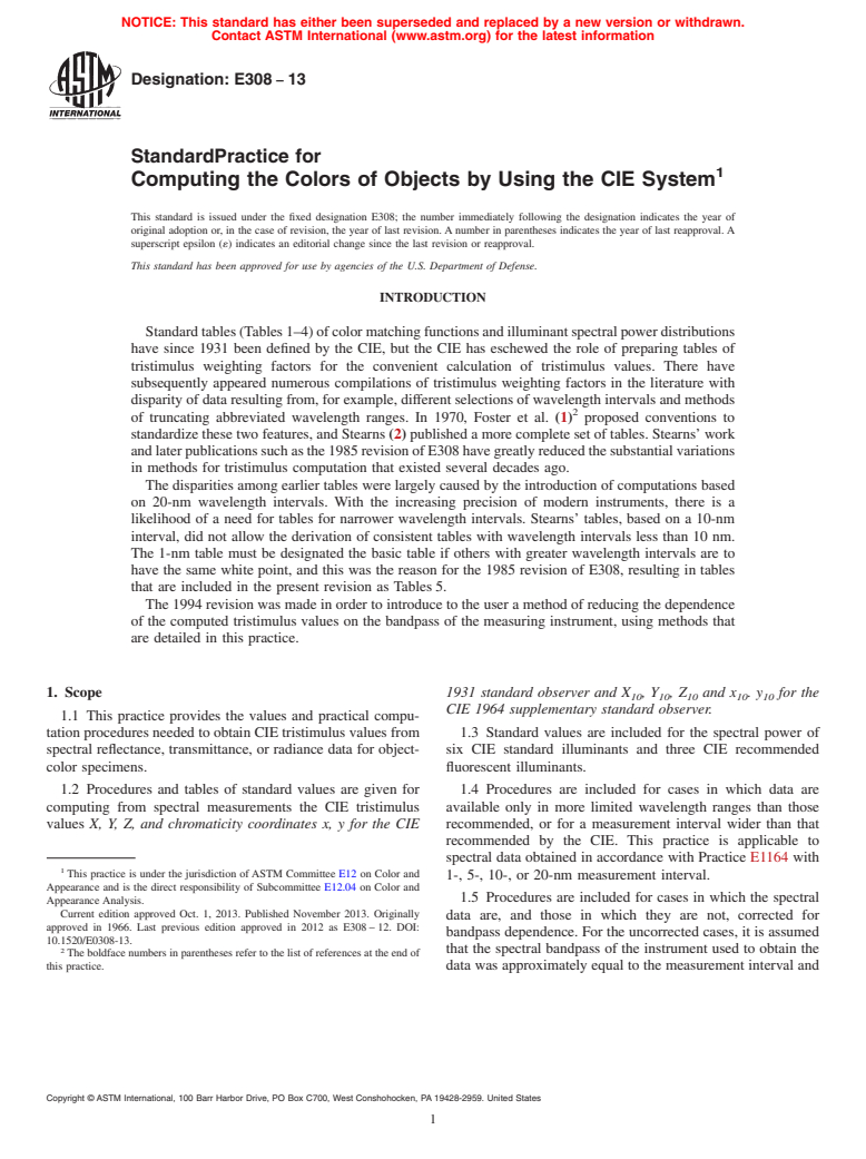 ASTM E308-13 - Standard Practice for Computing the Colors of Objects by Using the CIE System