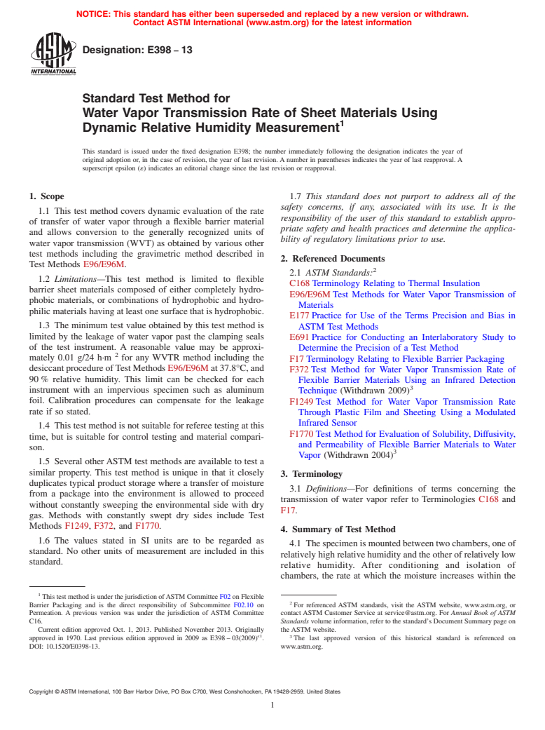 ASTM E398-13 - Standard Test Method for Water Vapor Transmission Rate of Sheet Materials Using Dynamic Relative Humidity Measurement