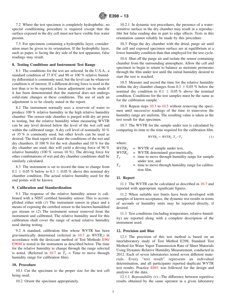 ASTM E398-13 - Standard Test Method for Water Vapor Transmission Rate of Sheet Materials Using Dynamic Relative Humidity Measurement