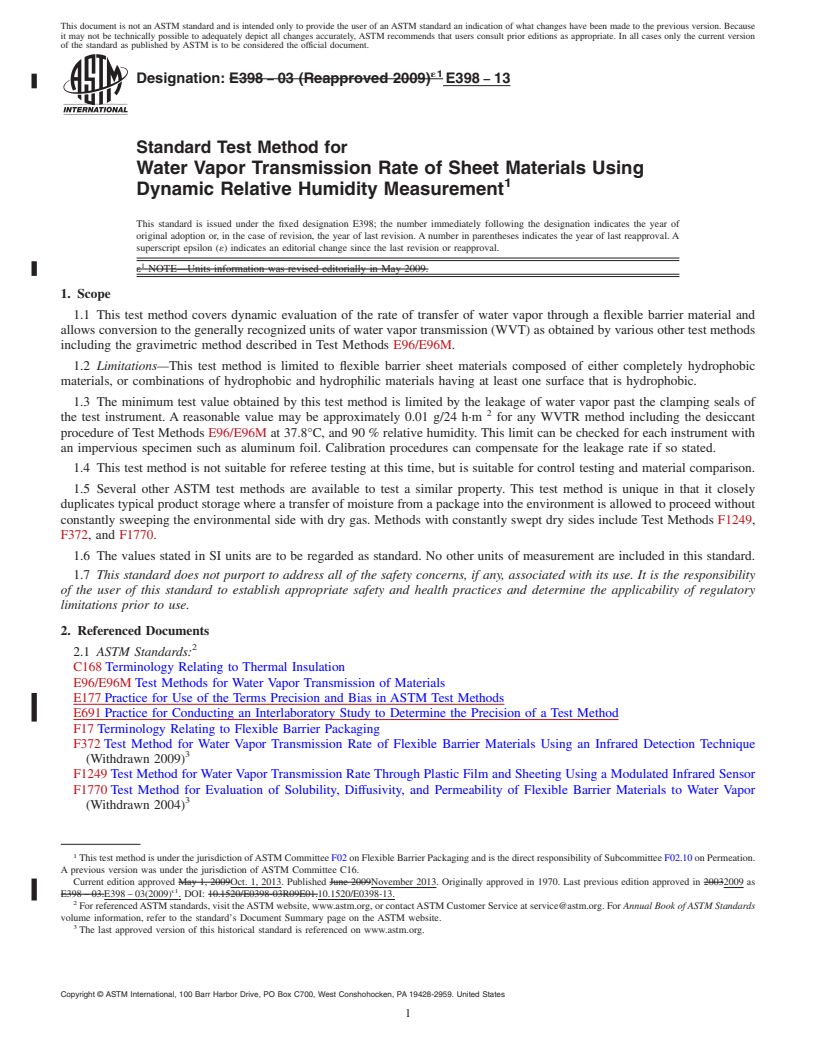 REDLINE ASTM E398-13 - Standard Test Method for Water Vapor Transmission Rate of Sheet Materials Using Dynamic Relative Humidity Measurement