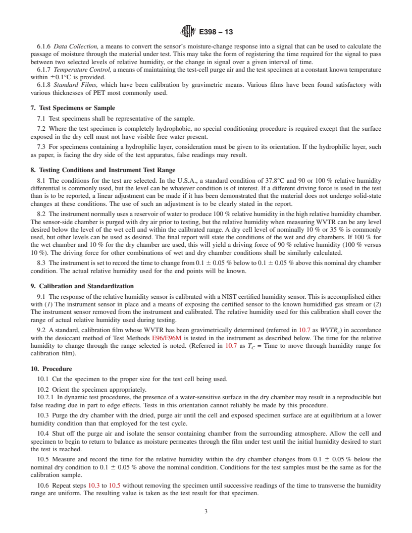 REDLINE ASTM E398-13 - Standard Test Method for Water Vapor Transmission Rate of Sheet Materials Using Dynamic Relative Humidity Measurement