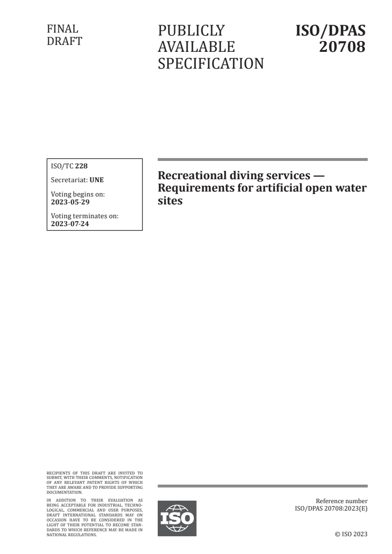 ISO/DPAS 20708 - Recreational diving services — Requirements for artificial open water sites
Released:15. 05. 2023