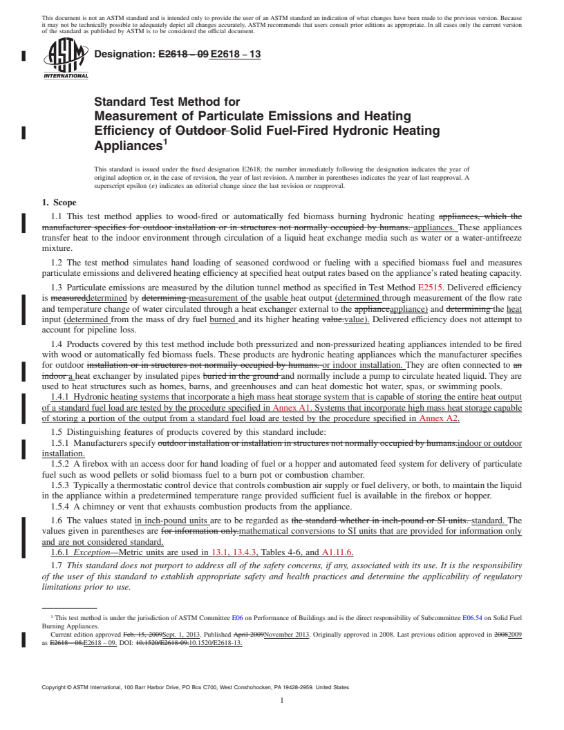 REDLINE ASTM E2618-13 - Standard Test Method for  Measurement of Particulate Emissions and Heating Efficiency  of Solid Fuel-Fired Hydronic Heating Appliances