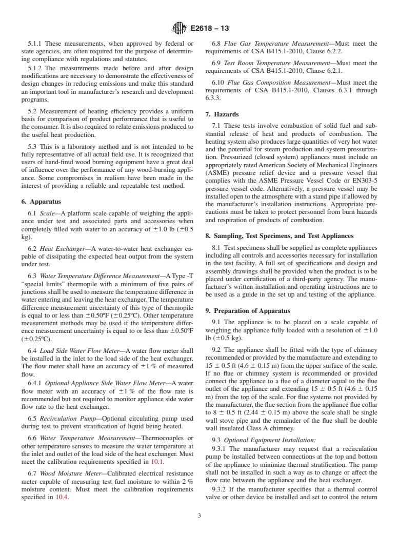 ASTM E2618-13 - Standard Test Method for  Measurement of Particulate Emissions and Heating Efficiency  of Solid Fuel-Fired Hydronic Heating Appliances