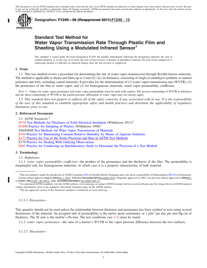 REDLINE ASTM F1249-13 - Standard Test Method for  Water Vapor Transmission Rate Through Plastic Film and Sheeting   Using a Modulated Infrared Sensor