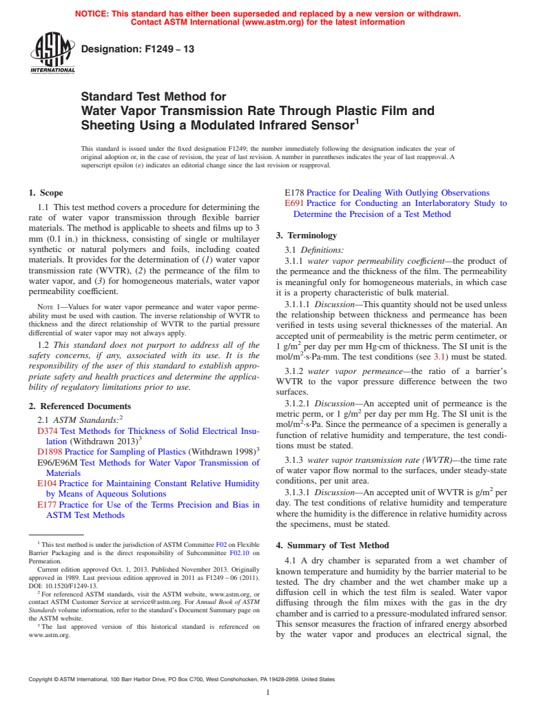 ASTM F1249-13 - Standard Test Method for  Water Vapor Transmission Rate Through Plastic Film and Sheeting   Using a Modulated Infrared Sensor