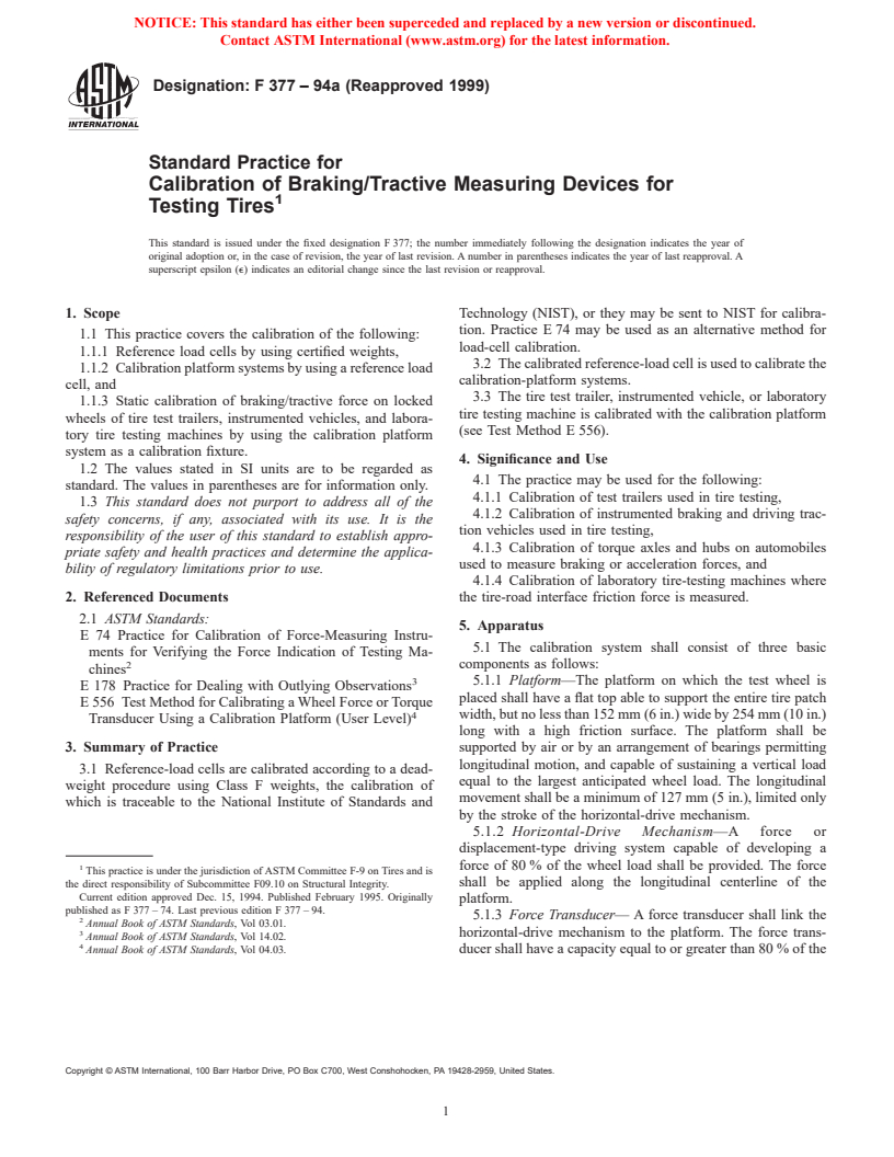 ASTM F377-94a(1999) - Standard Practice for Calibration of Braking/Tractive Measuring Devices for Testing Tires