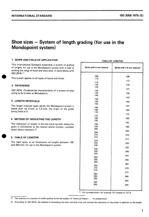ISO 3355:1975 - Shoe sizes -- System of length grading (for use in the Mondopoint system)