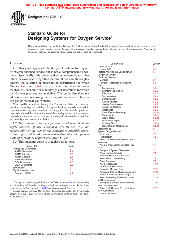 ASTM G88-13 - Standard Guide for Designing Systems for Oxygen Service