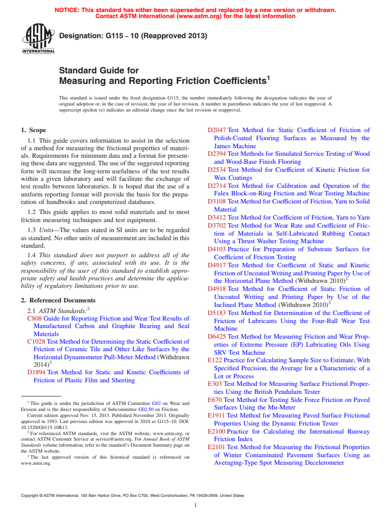 ASTM G115-10(2013) - Standard Guide for Measuring and Reporting Friction Coefficients