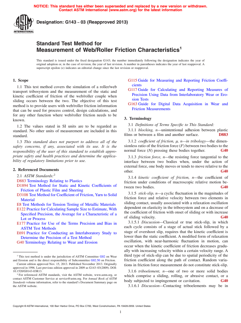 ASTM G143-03(2013) - Standard Test Method for Measurement of Web/Roller Friction Characteristics