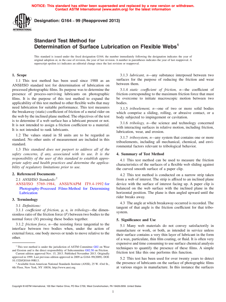 ASTM G164-99(2013) - Standard Test Method for Determination of Surface Lubrication on Flexible Webs