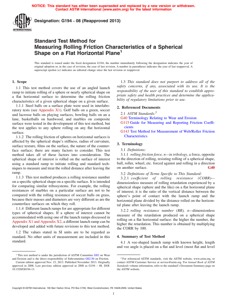 ASTM G194-08(2013) - Standard Test Method for Measuring Rolling Friction Characteristics of a Spherical Shape  on a Flat Horizontal Plane