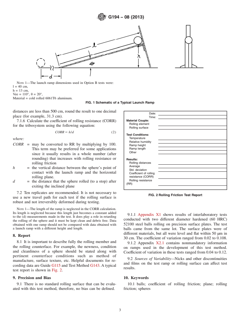 ASTM G194-08(2013) - Standard Test Method for Measuring Rolling Friction Characteristics of a Spherical Shape  on a Flat Horizontal Plane