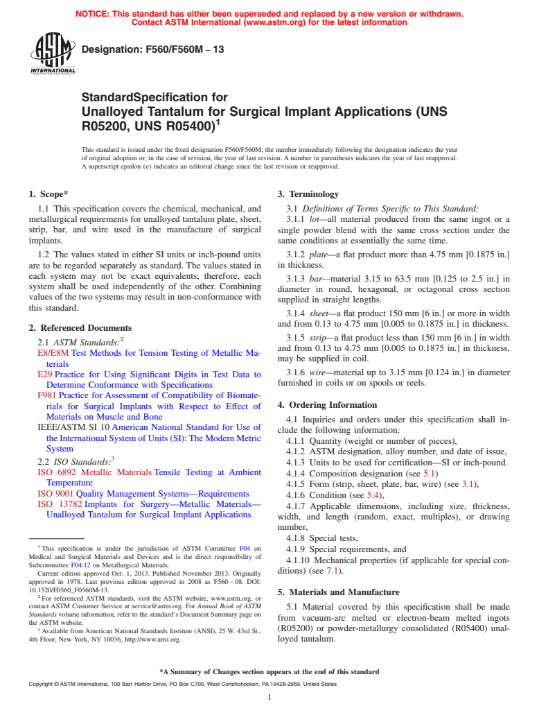 ASTM F560/F560M-13 - Standard Specification for Unalloyed Tantalum for ...