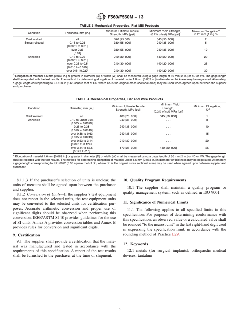 ASTM F560/F560M-13 - Standard Specification for Unalloyed Tantalum for Surgical Implant Applications (UNS R05200, UNS R05400)