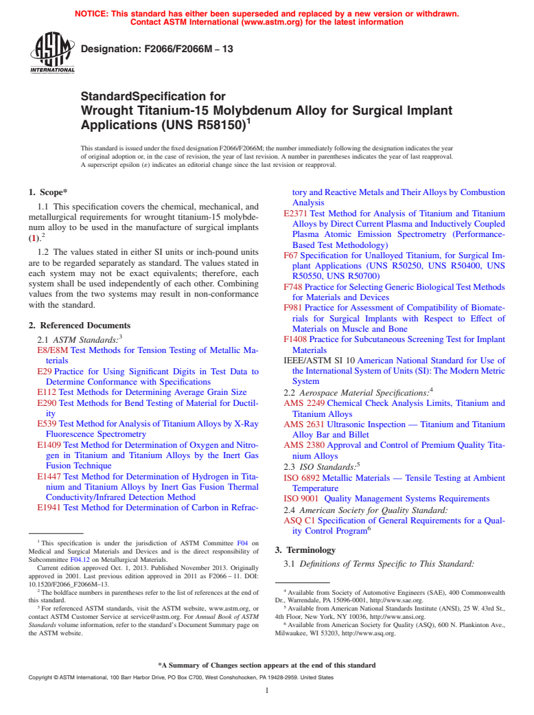 ASTM F2066/F2066M-13 - Standard Specification for Wrought Titanium-15 Molybdenum Alloy for Surgical Implant Applications (UNS R58150)