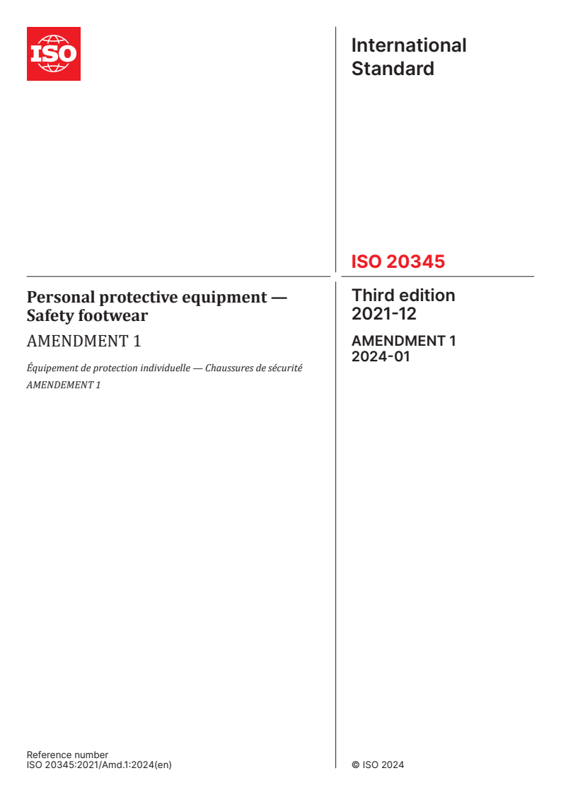 ISO 20345:2021/Amd 1:2024 - Personal protective equipment — Safety footwear — Amendment 1
Released:11. 01. 2024